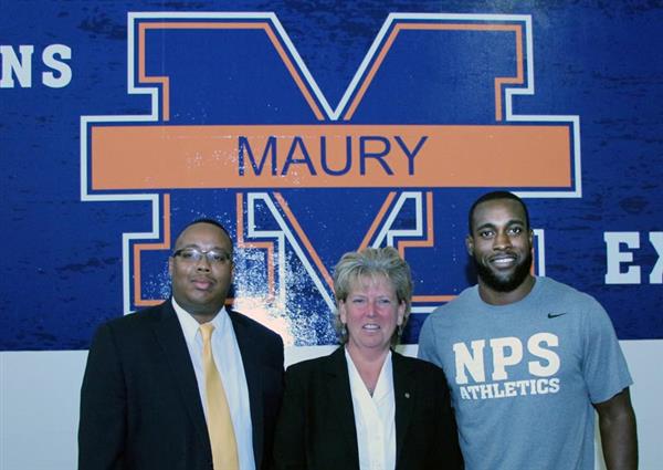 Mr. Eric Blackwell, Athletic Dir. at Bryant & Stratton College, Ms. Karen Berg, principal at Maury High and Kam Chancellor Mr. Eric Blackwell, Athletic Dir. at Bryant & Stratton College, Ms. Karen Berg, principal at Maury High and Kam Chancellor