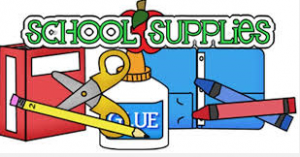 School supplies like books, scissors and glue 