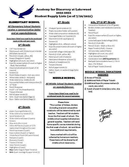 South Lakewood Elementary School Supply List 2022
