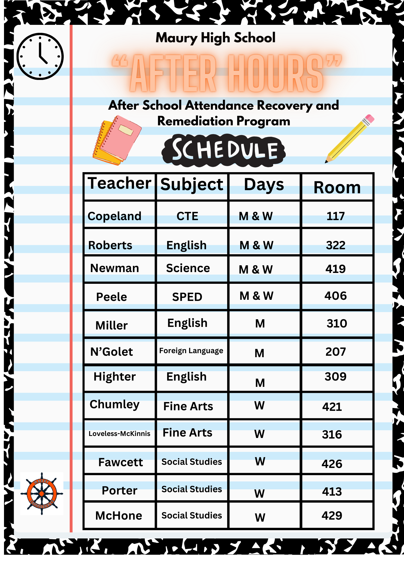  MHS After Hours Schedule