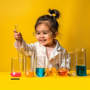Caucasian young girl experimenting with beakers with different color liquids